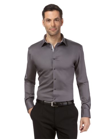 Shirt, slim-fit, uni, with contrasting trim - non-iron