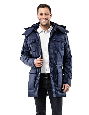 Winter coat with stand-up collar, detachable hood and drawstring at waist