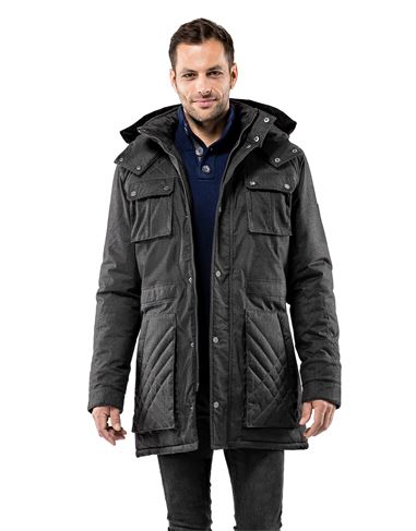 Winter coat, tone in tone quilted, with stand- up collar, detachable hood and drawstring at waist